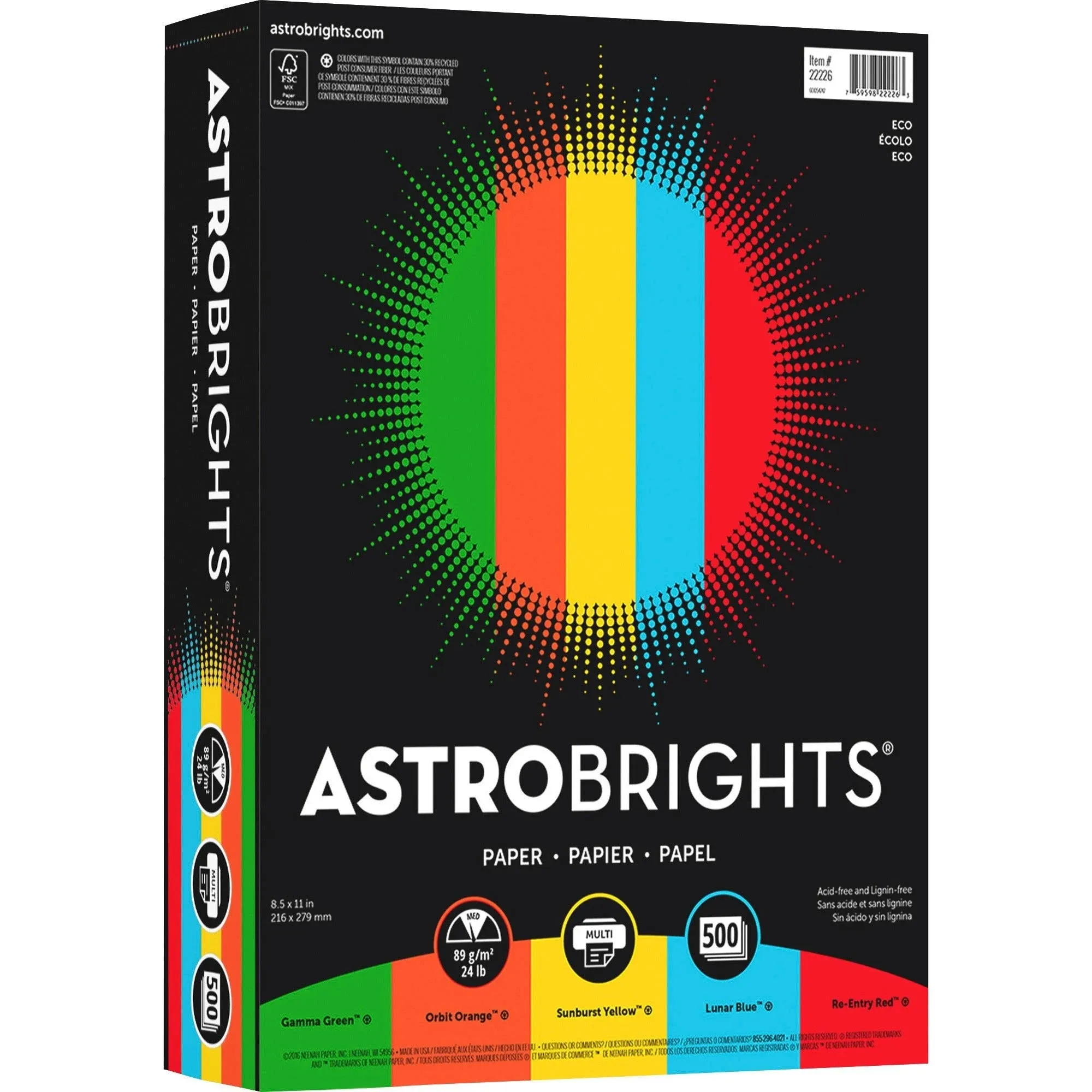 Astrobrights Colored Paper, 8.5" x 11", 24 lb, Letter, Assorted Colors - 500 sheets