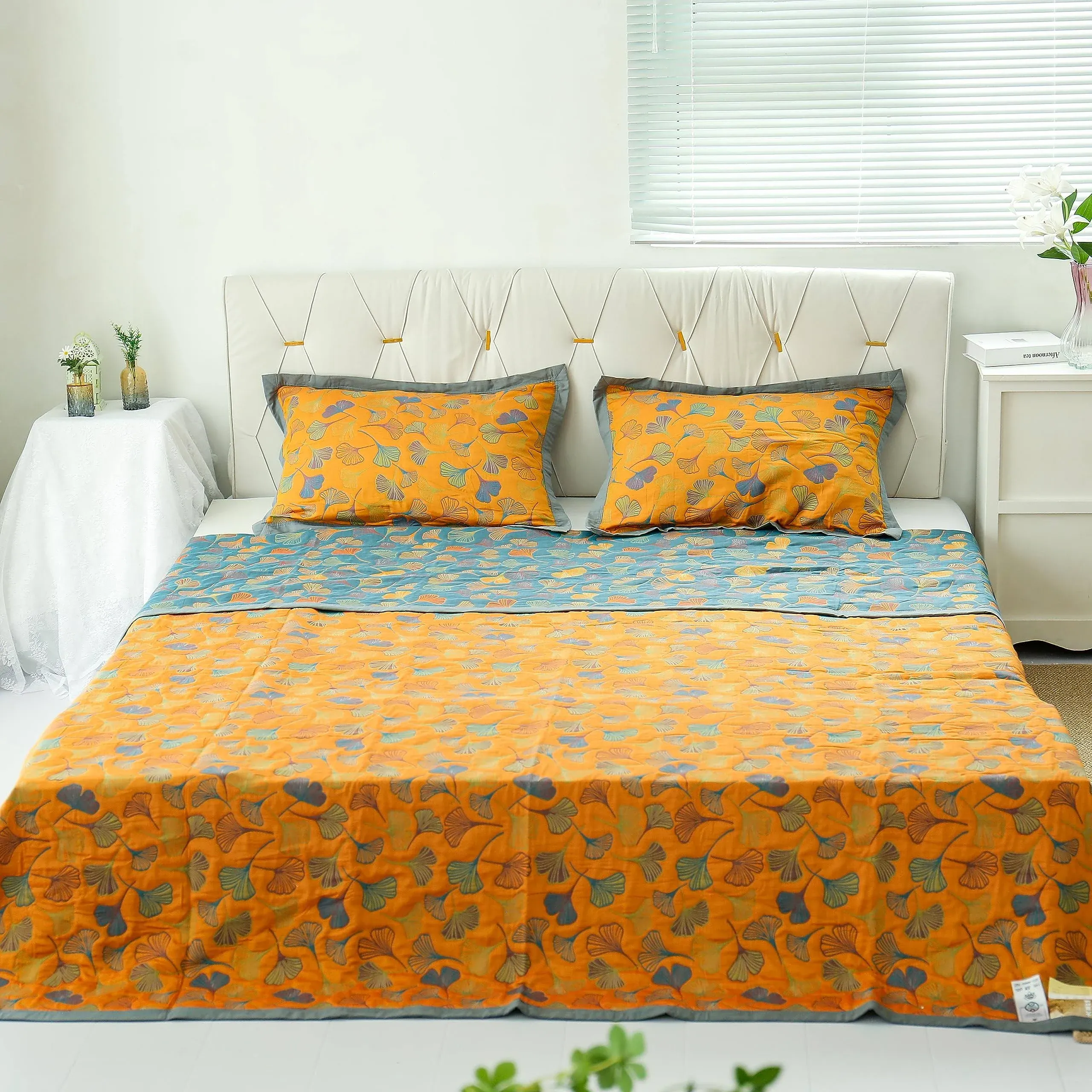 Ginkgoleaf Pattern Cotton Reversible Quilt Sets 3 Piece,Breathable Reversible ...