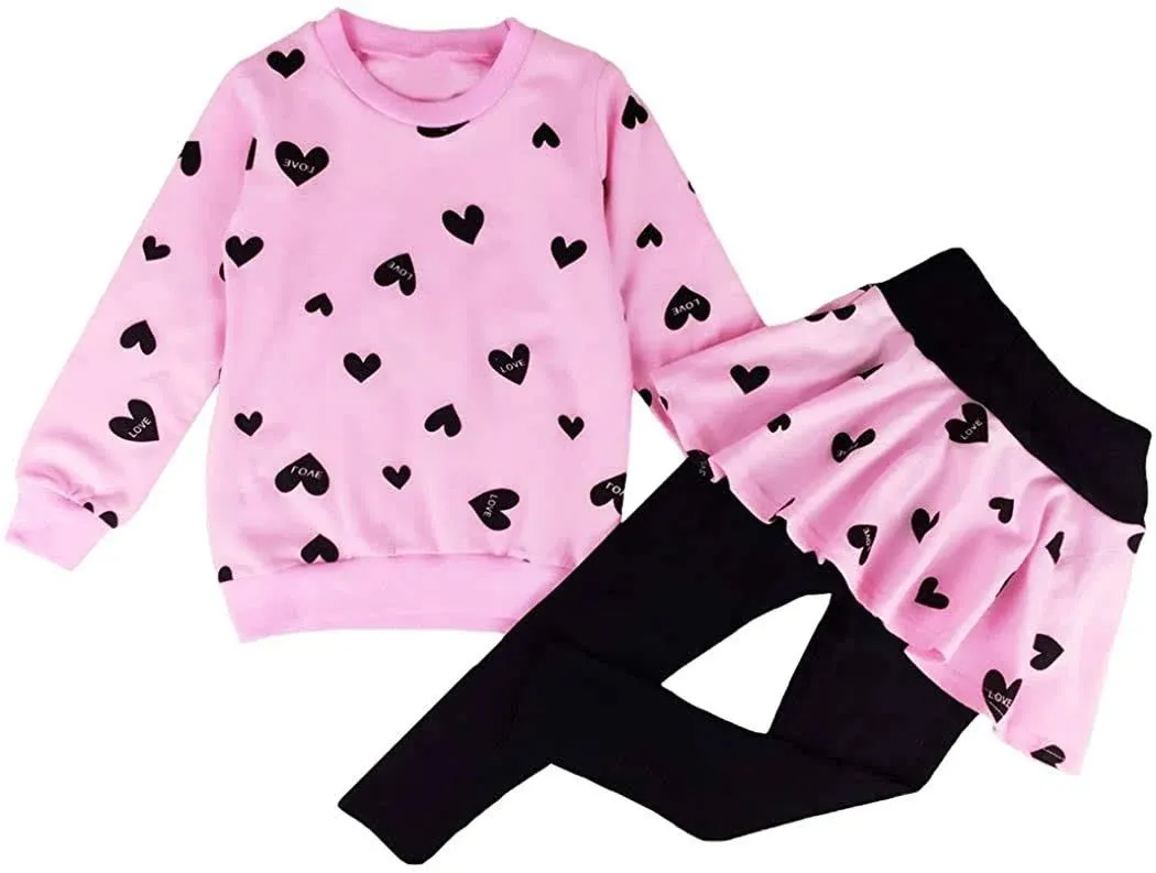 DDSOL Toddler Girls Clothing Set School Outfit Kids Heart Print Sweatshirt Ruffle ...