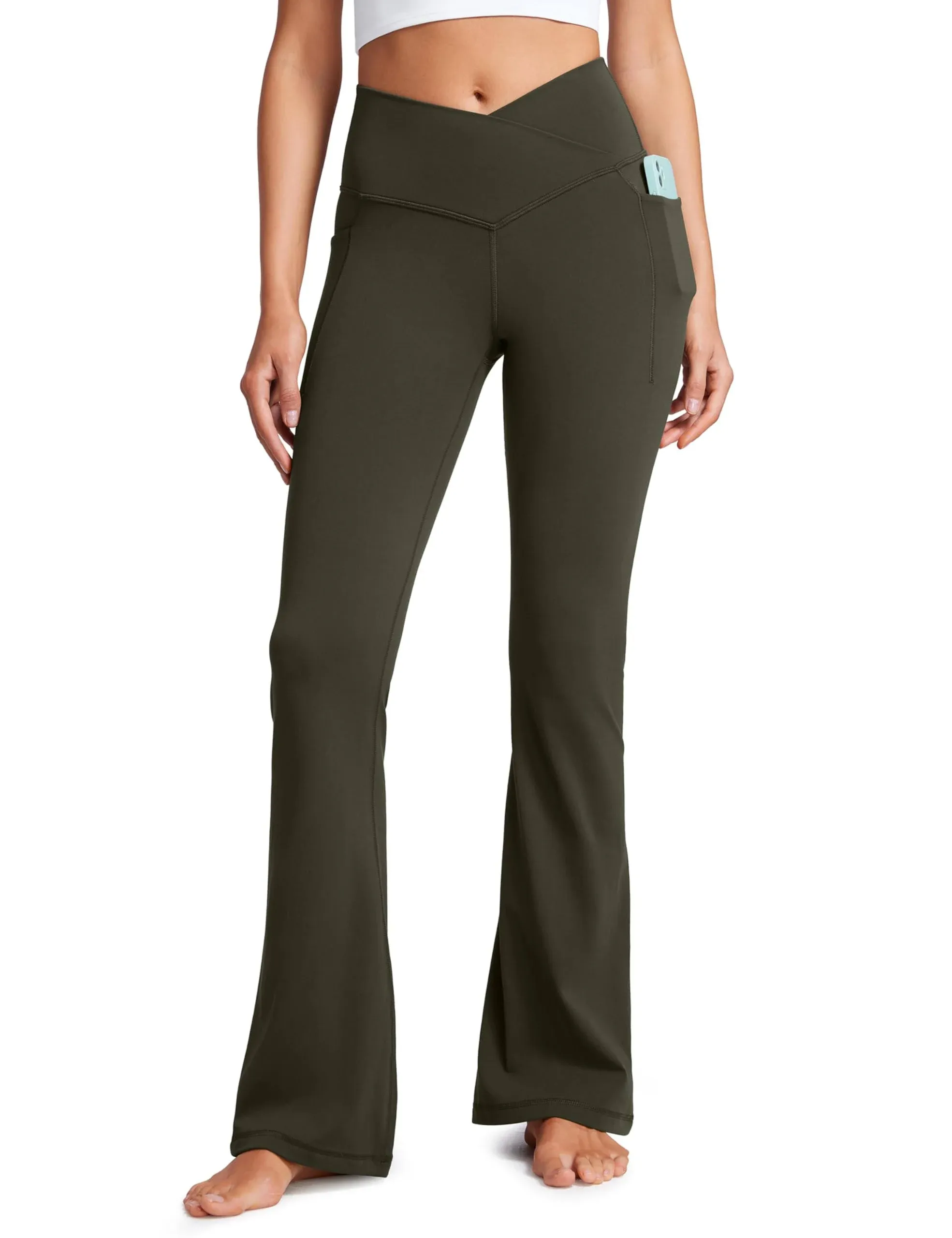 CRZ Yoga Womens Butterluxe V-waisted Crossover Pockets Flare Leggings 31" Olive ...