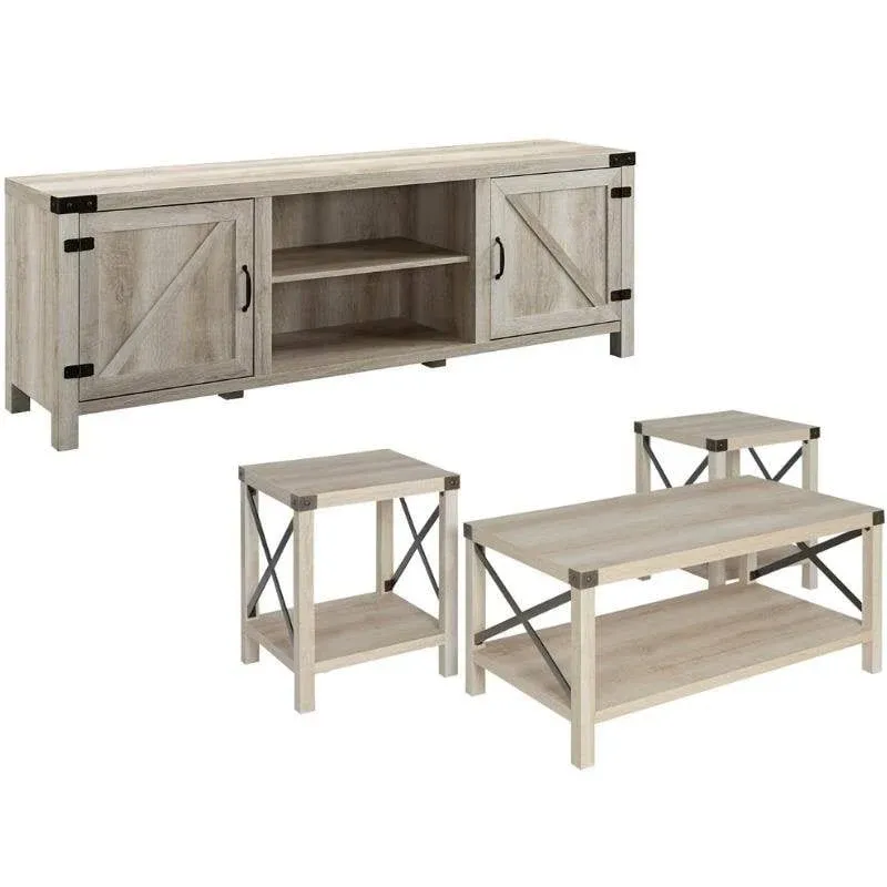 Home Square 4 Piece Barn Door TV Stand Coffee Table and 2 End Table Set in Rustic ...