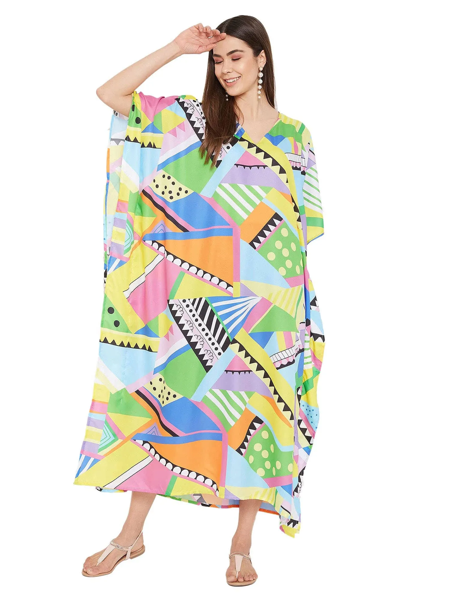 Oussum Multicolor Polyester Geometric Pattern Caftan Maxi Dress - Plus