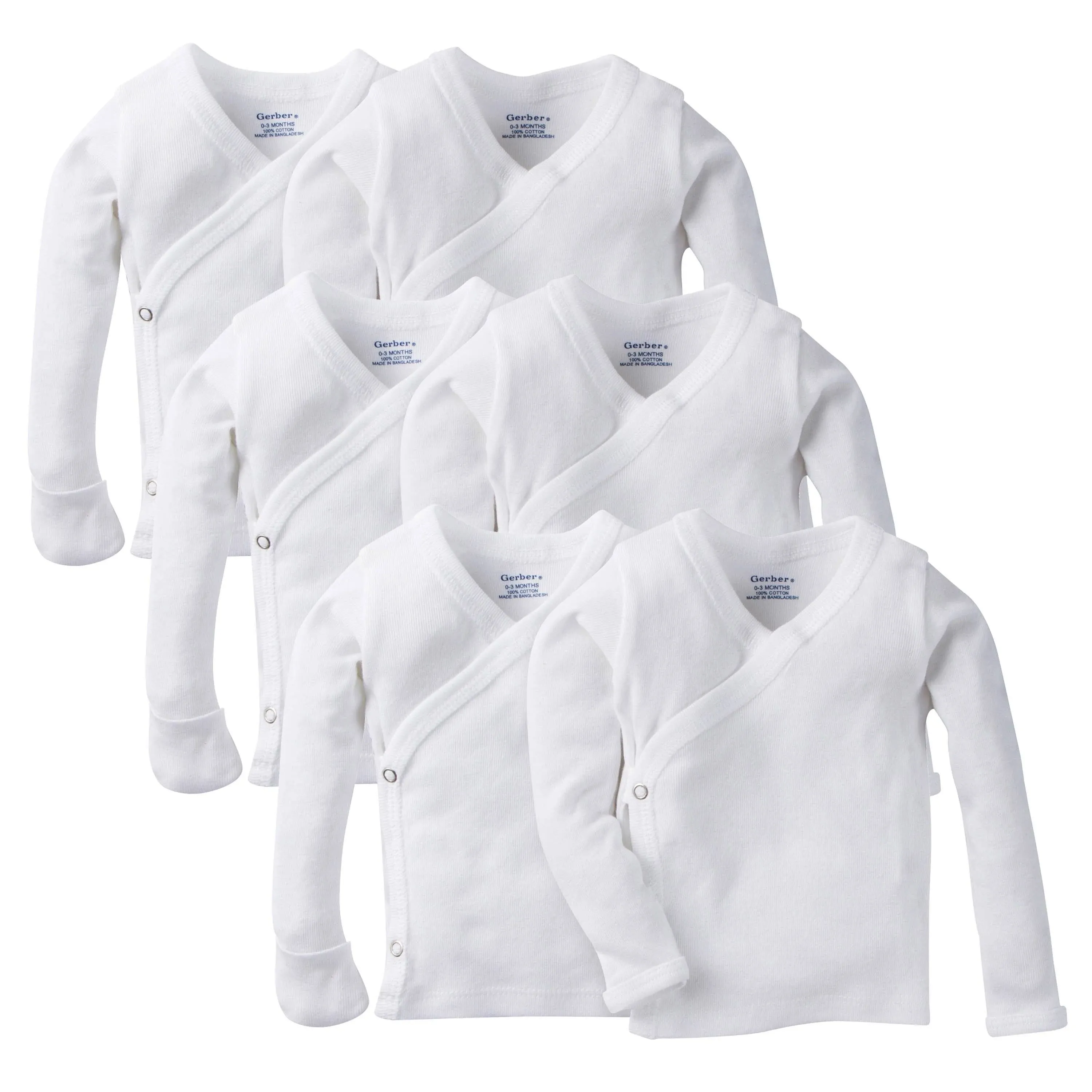 Gerber Baby Girls' 6-Pack Long-Sleeve Side-Snap Mitten-Cuff Shirt, White, Preemie