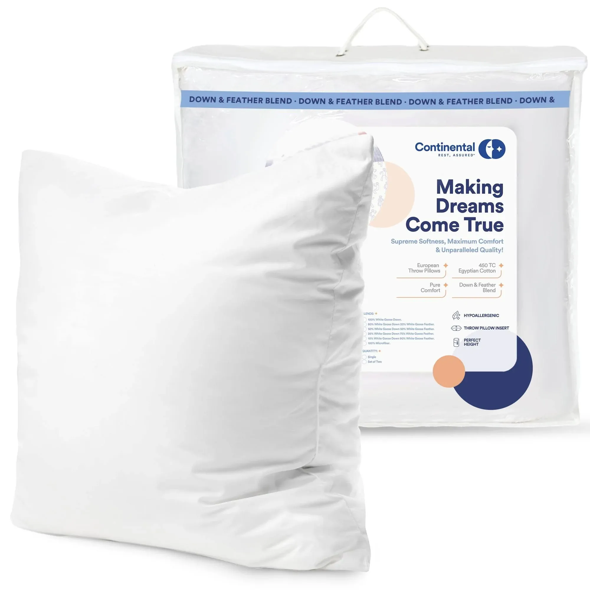 Continental Bedding Throw Pillow Inserts 10% White Goose Down 90% Feather Pillow Insert 26x26 inch Pack of 1