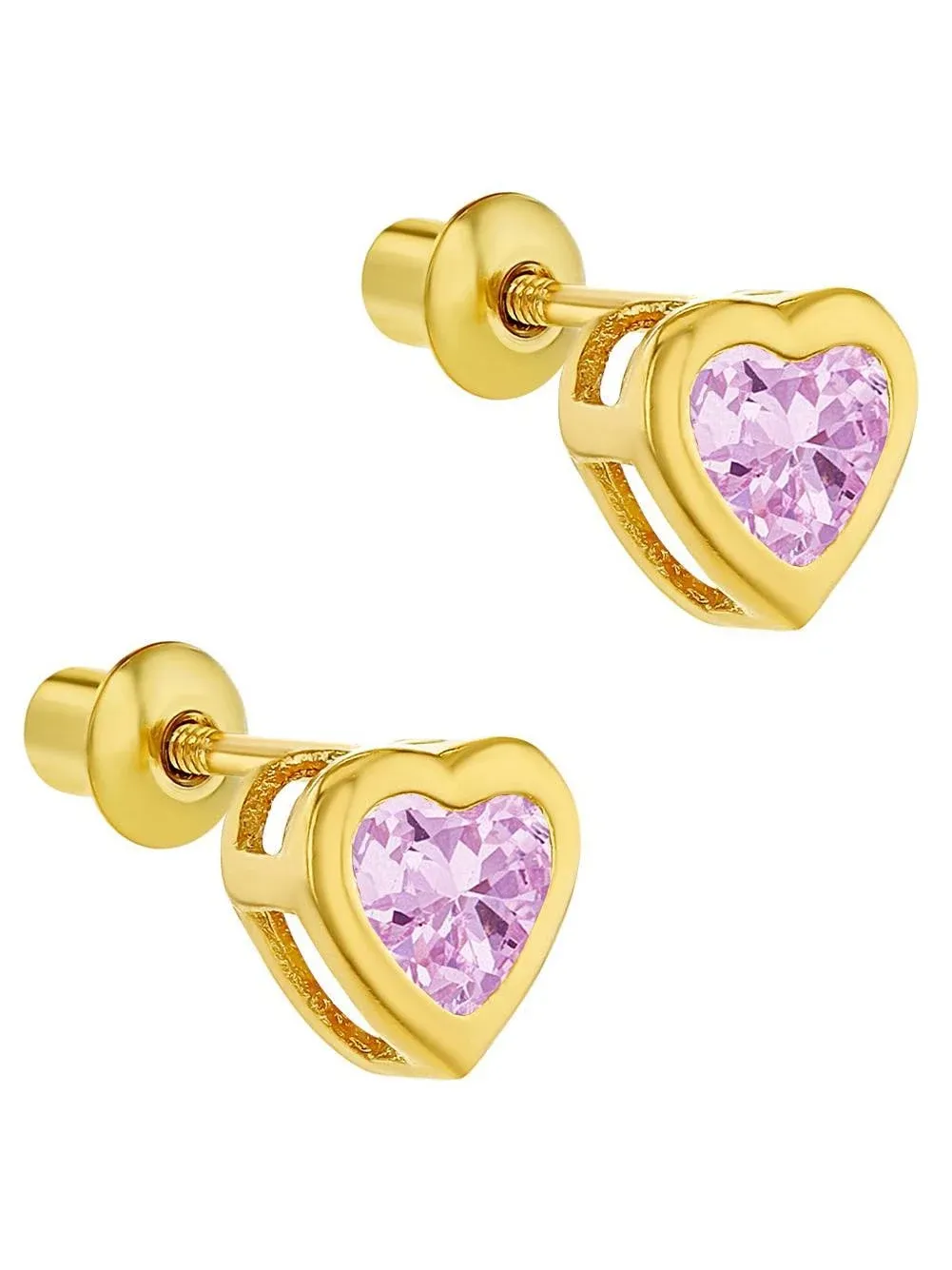 18k Gold Plated CZ Heart Bezel Screw Back Toddler Girls Kids Earrings 5mm