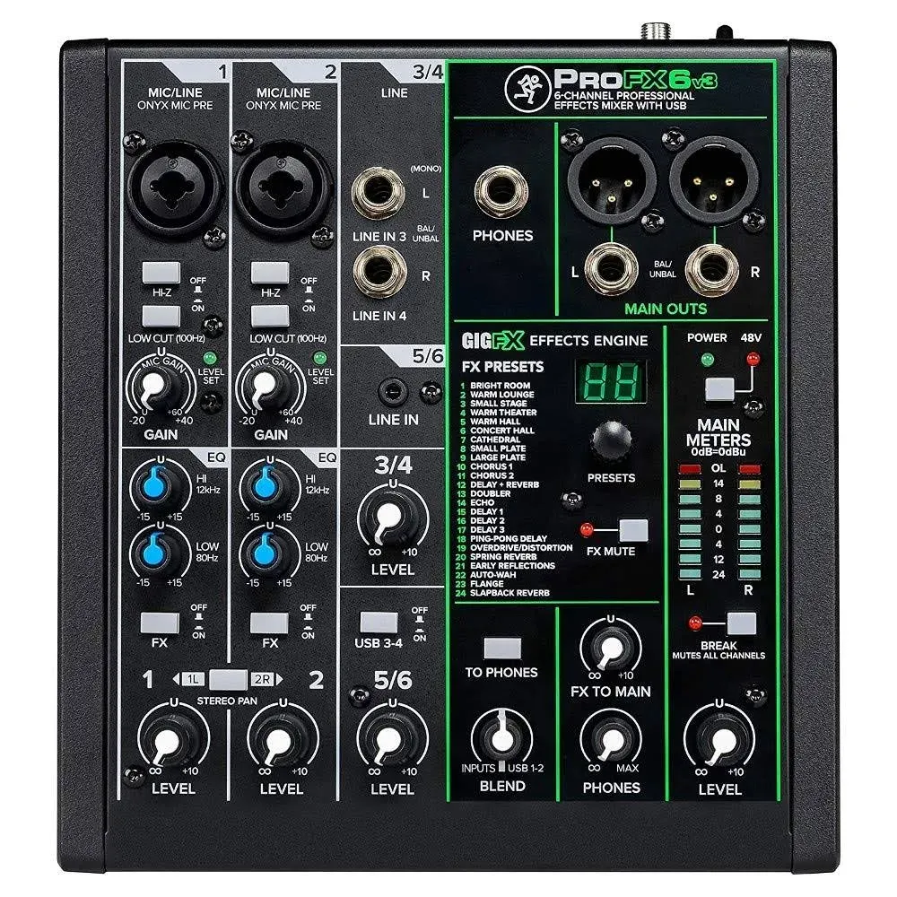 Mackie ProFX6v3 6 Channel USB Effects Live Stream Audio Recording Mixer w Cables