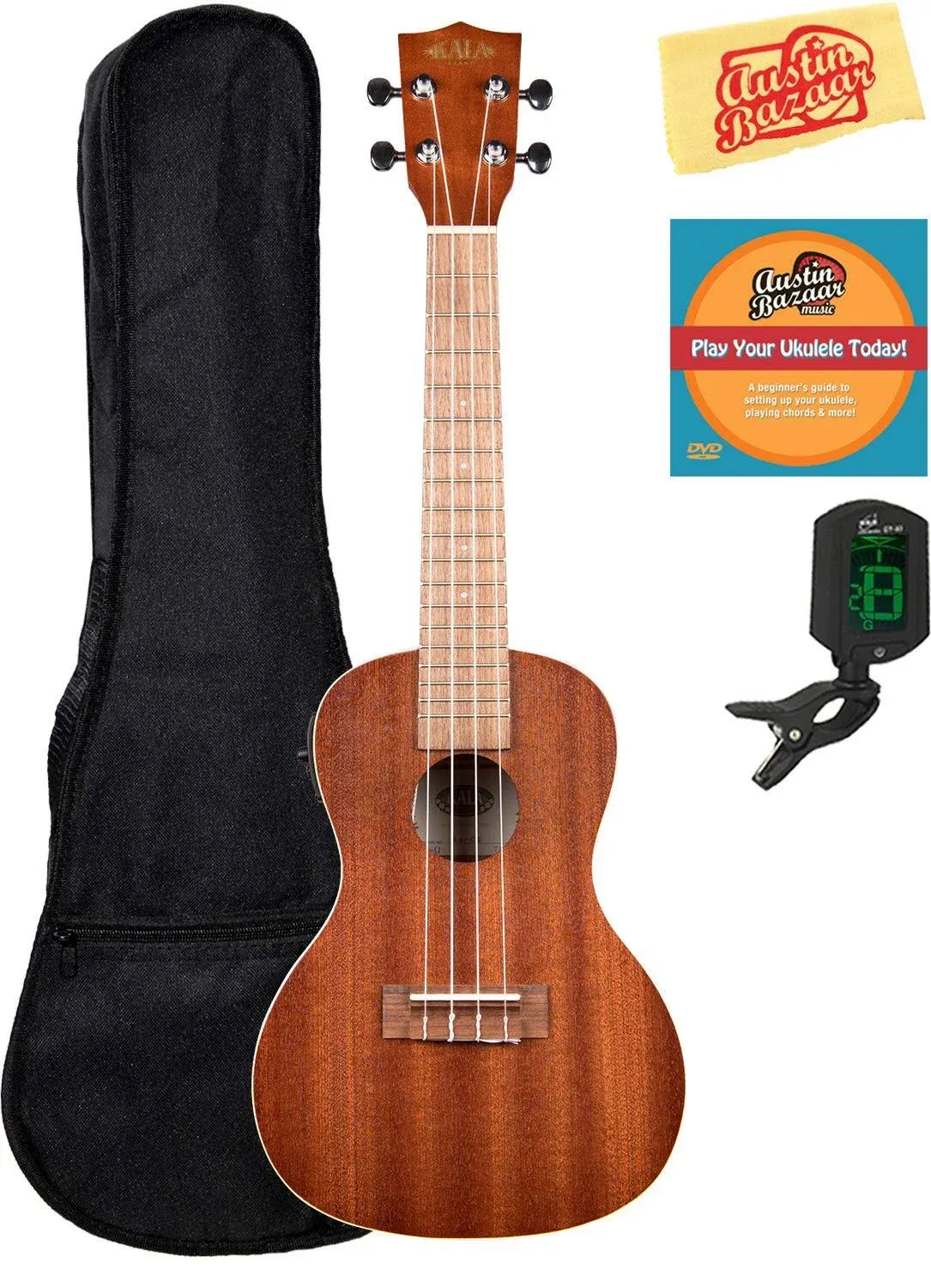 Kala KA-CE Mahogany Concert Acoustic-Electric Ukulele Bundle with Gig Bag, Clip ...