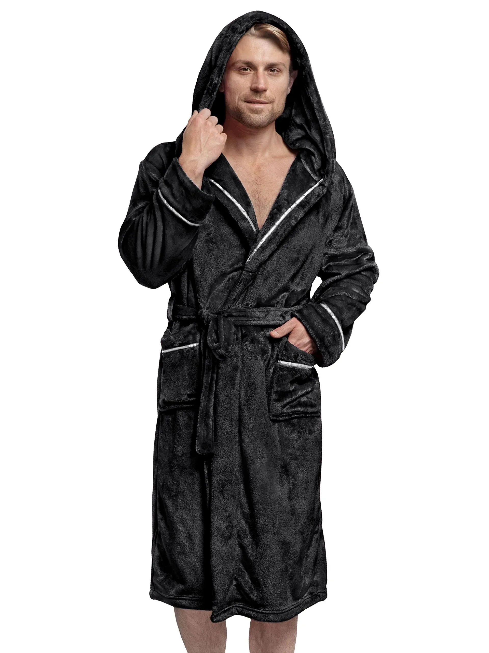 PAVILIA Mens Soft Robe, Plush Warm Bathrobe for Men, Long Spa Robe with Shawl Collar, Pockets, Trim Piping (Black)