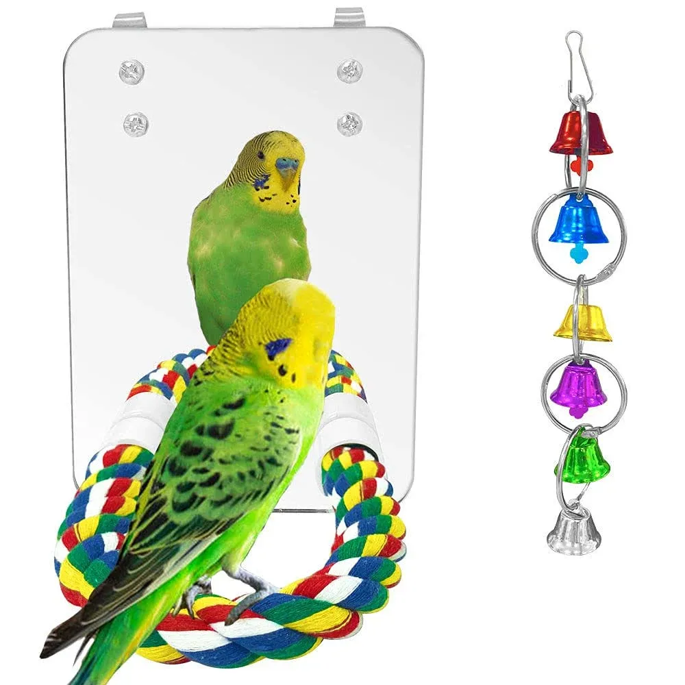 Eeaivnm 7 inch Pet Bird Mirror Swing Parrot Cage Toys with Rope Perch, Parrot ...