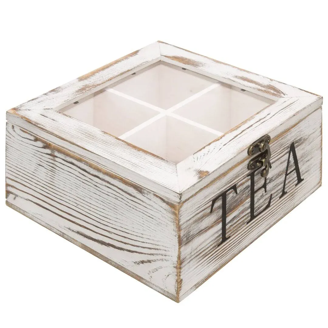 MyGift 4 Slot Rustic Whitewashed Wood Tea Bag Storage Chest with Clear Latch Lid