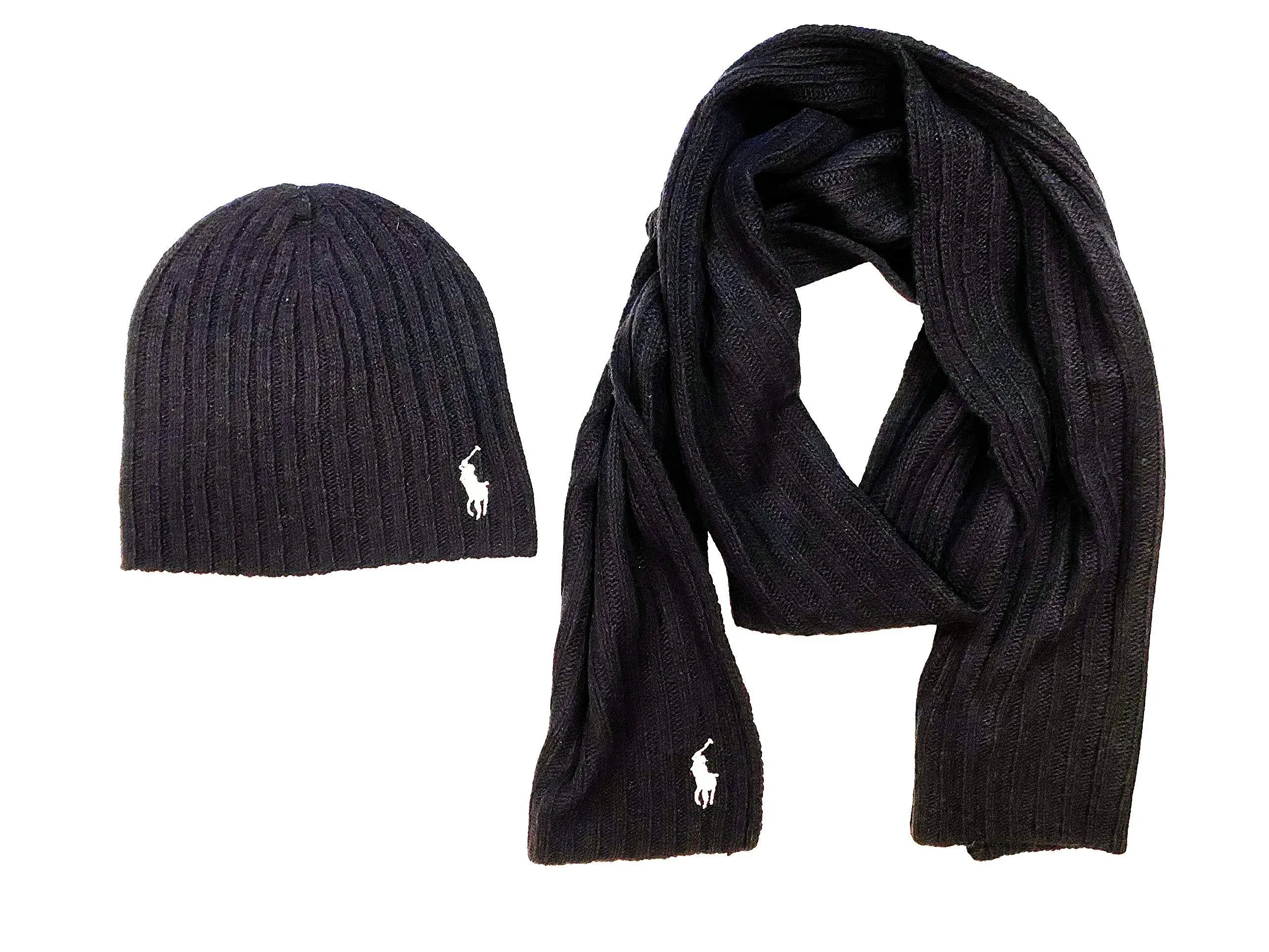 Polo Ralph Lauren  Black Beanie Hat Winter Scarf 2 Pc Set Wool Blend  Free Ship