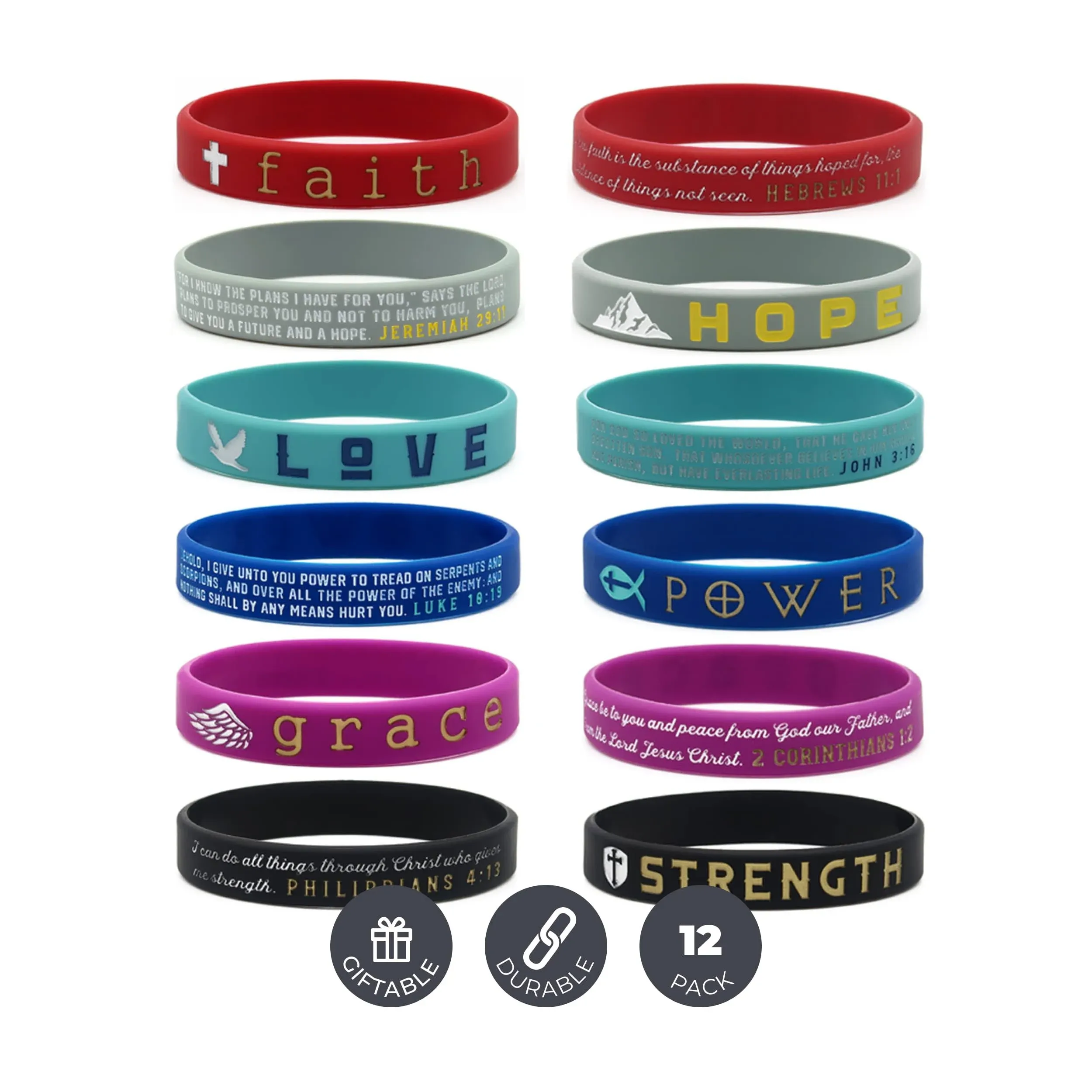 Christian Inspirational Bible Silicone Rubber Wristbands 12 Pack - Motivation...