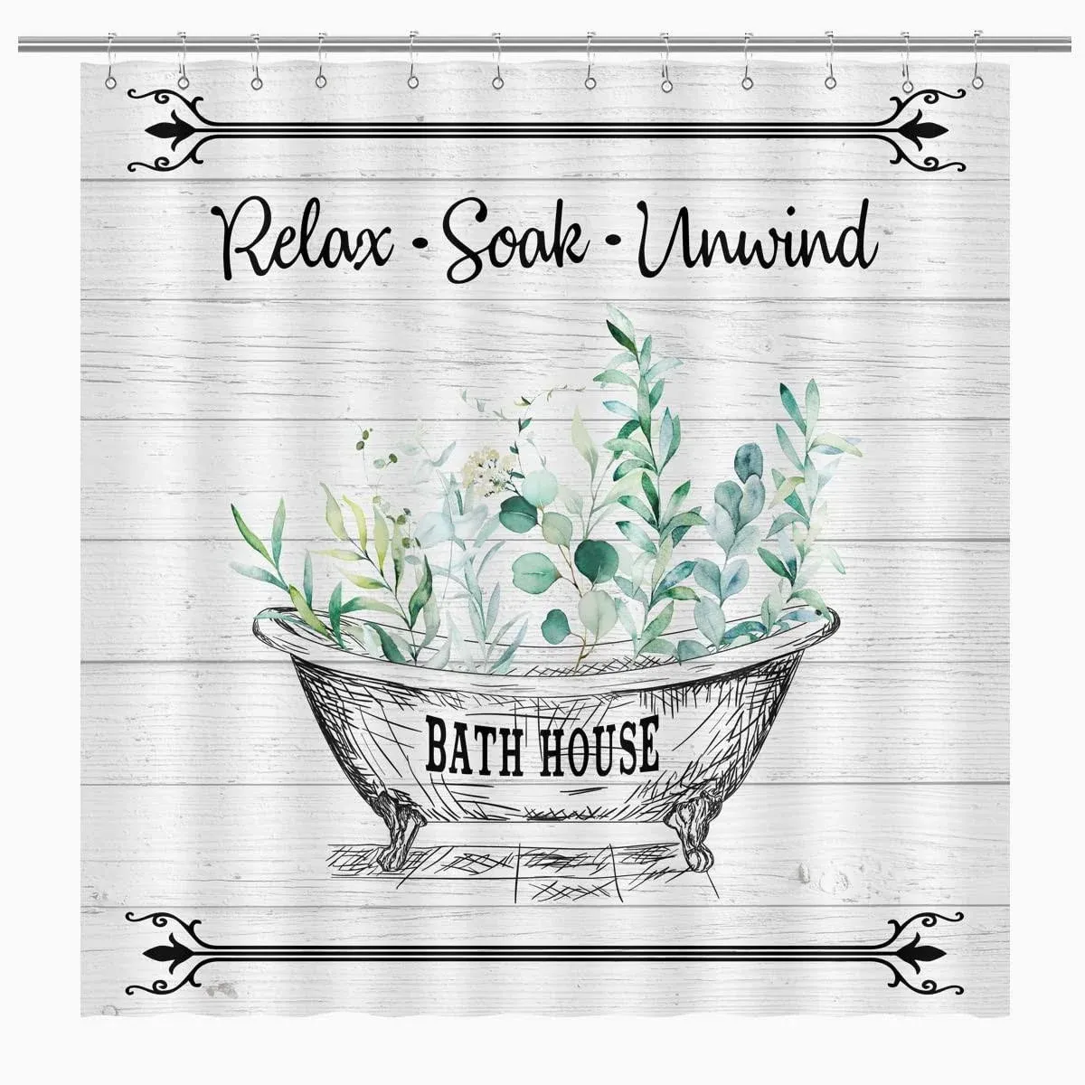 Bathroom Rules Shower Curtain Rustic Farmhouse Wooden Board Green Leaves Inspirational Quote Vintage Bath Curtain Waterproof Polyester Fabric 72Lx72W Inch with Hooks