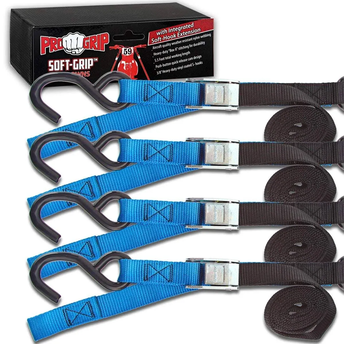 Progrip Powersports Motorcycle Soft Loop Tie Down Straps Lab Tested (4 Pack) Blu