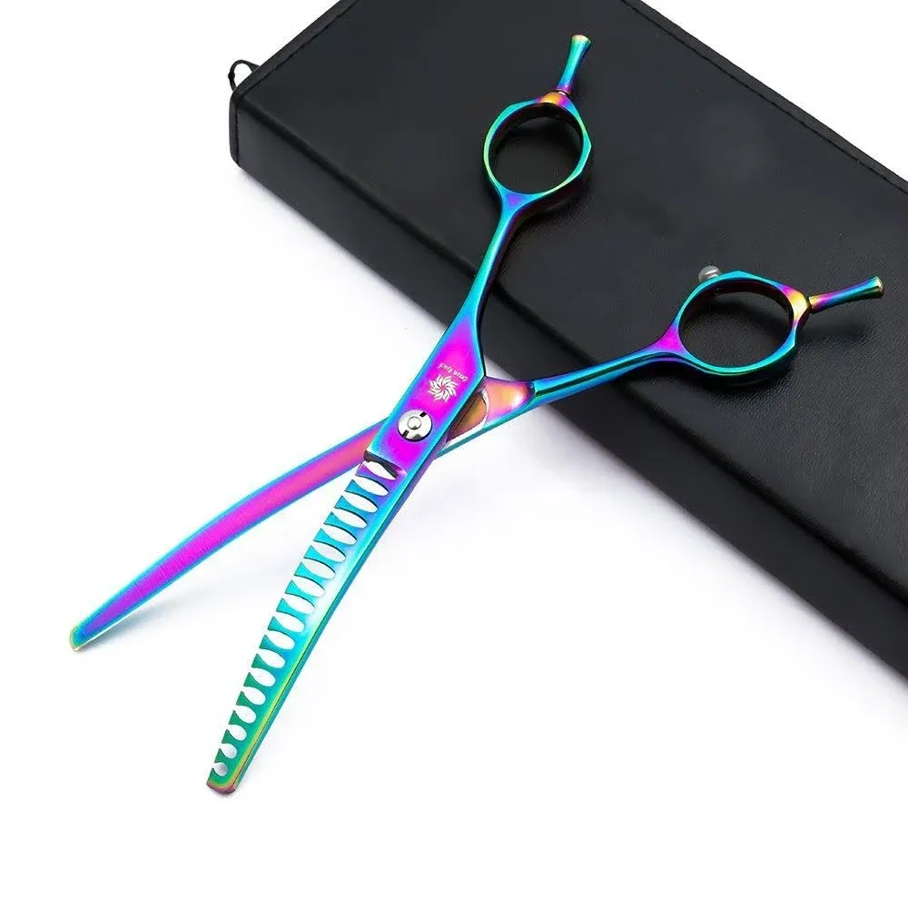 6.5"/8.0'' Professional Chunker Shear Twin Tail Downward Curved Pet Grooming Thinning/Blending Scissors Dog&cat Grooming Chunkers Shear (6.5 inches) Rainbow