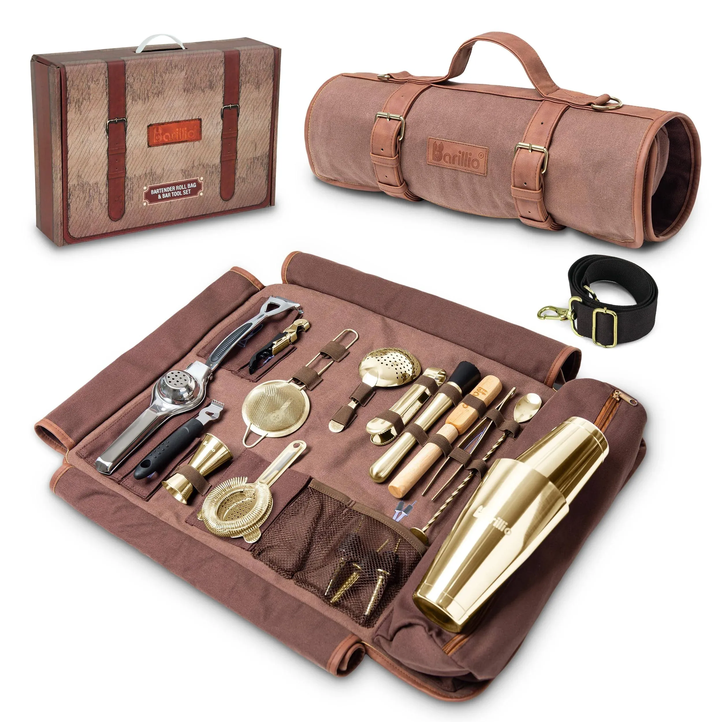 Barillio Bartender Bag - Professional 17-Piece Travel Cocktail Set with Portable Canvas Bag and Tools