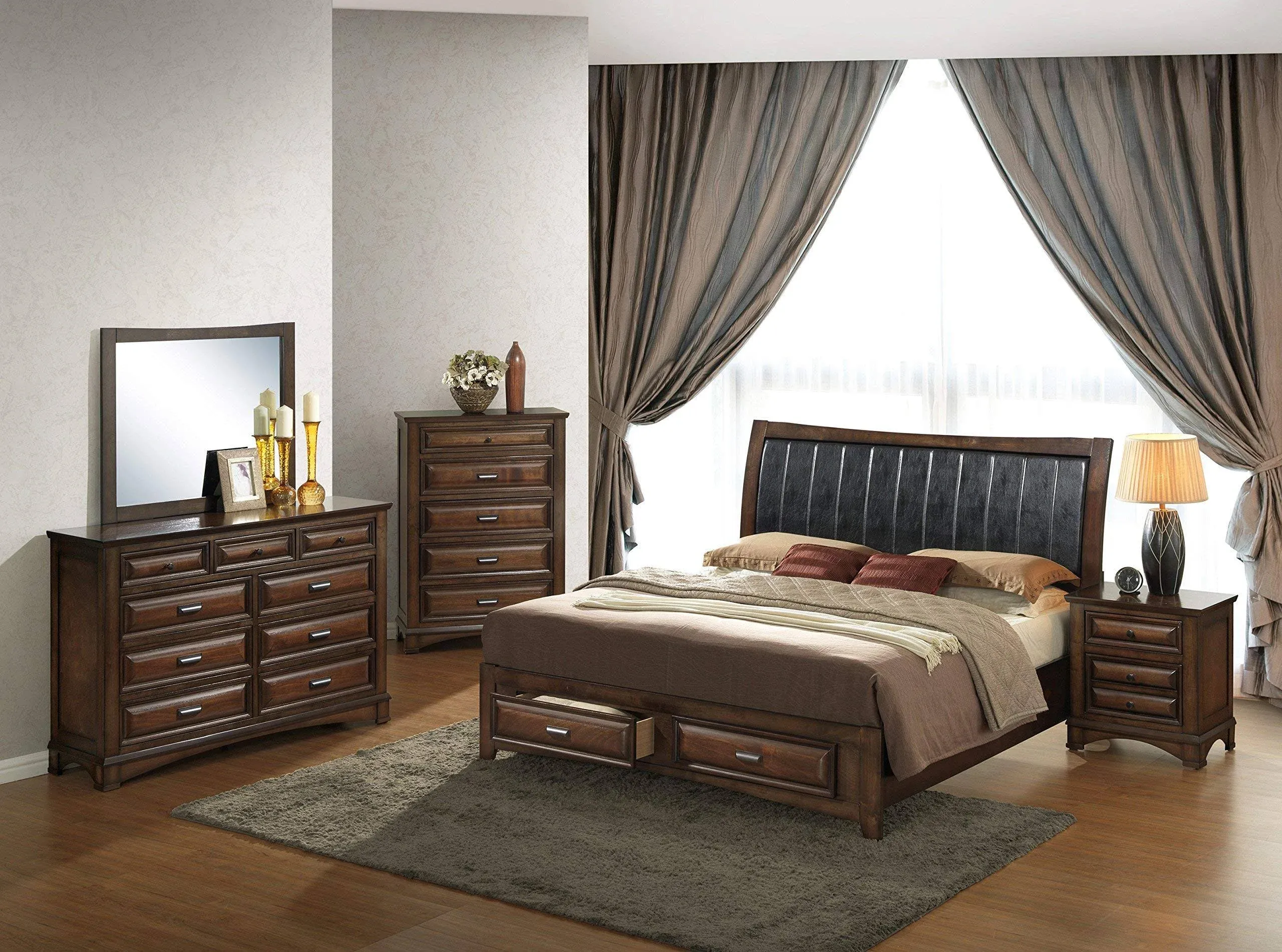 Roundhill Furniture Broval 179 Light Espresso Finish Queen Storage Bed, Dresser ...