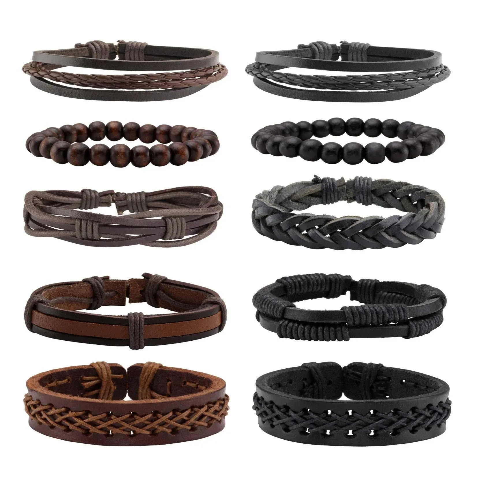 MILAKOO 10 Pcs Braided Leather Bracelet for Men Women Wooden Beaded Bracelets...