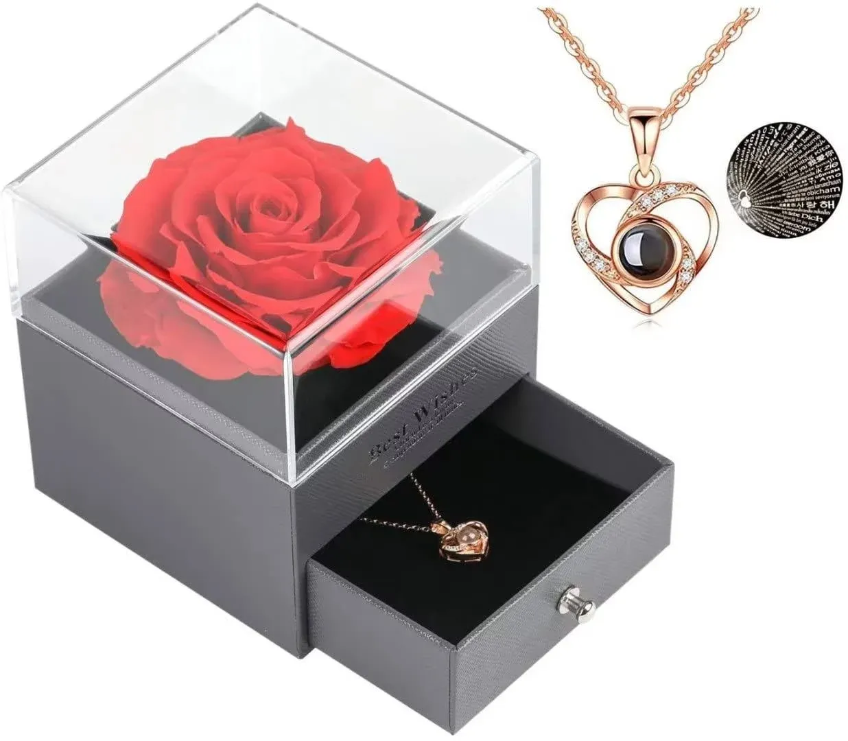 Preserved Red Rose with I Love You Necklace -Gifts for Her Valentines' Day Eternal Flowers Rose Gifts,Mom Gifts for Mothers Day- Valentines Christmas Birthday Aniversary