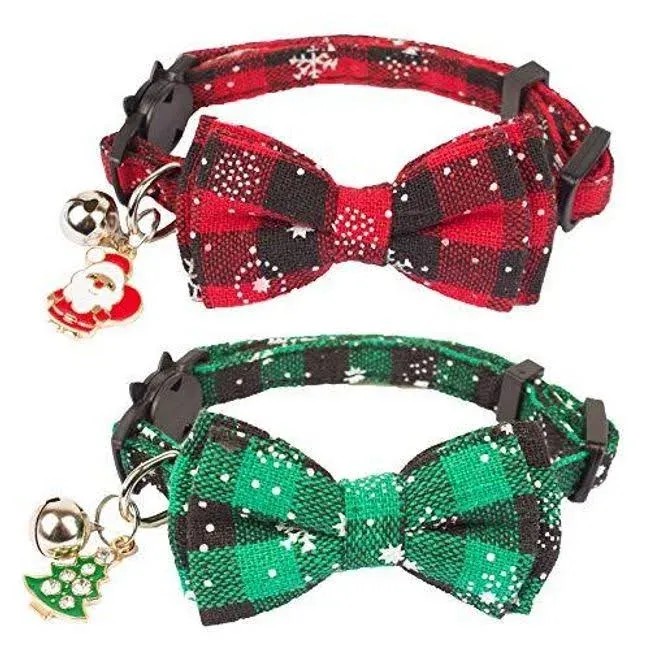 ADOGGYGO Christmas Cat Collar Breakaway with Cute Bow Tie Bell - 2 Pack Kitten Collar Red Green Plaid Pattern Xmas Kitten Collar with Removable Bowtie Cat Bow tie Collar for Kitten Cat (Red&Green-1)