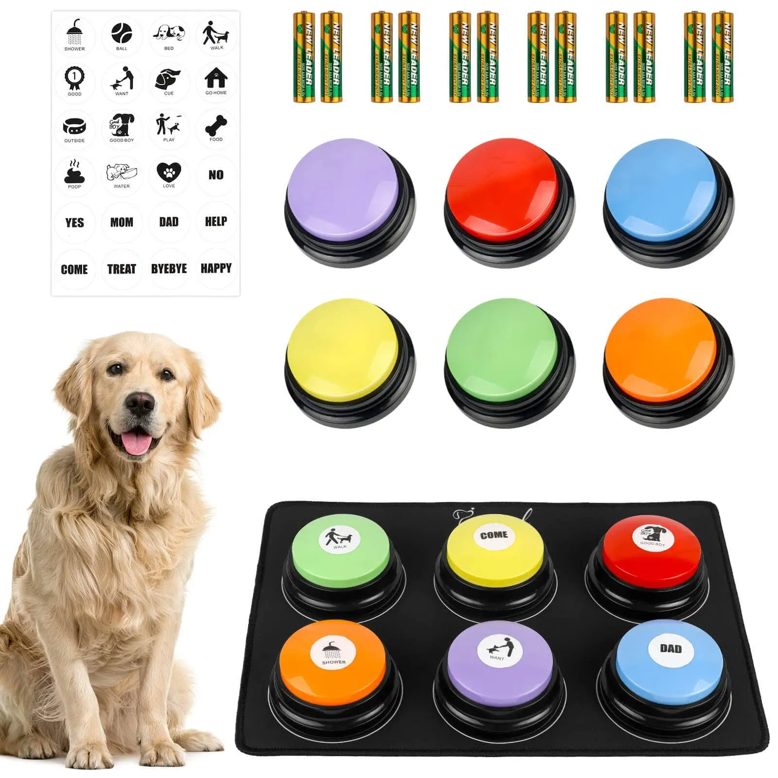 Dog Buttons for Communication, 6pcs Dog Talking Button Set Talking Pet Buttons for Dogs 30s Recordable Pet Training Button with Waterproof Anti-Slip Mat and 24 Scene Stickers & 12 AAA Batteries