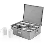 Cup Storage Container - 16" x 13" x 6"H - Holds 12 Coffee Cups - Tea Cups - Mugs - Hard Shell and Stackable - Includes Insert Card for Labeling and Padded Dividers