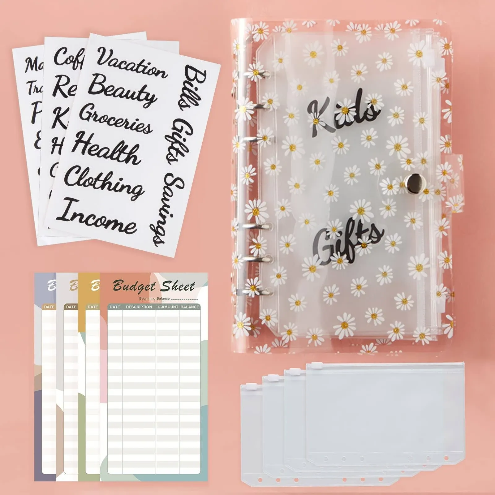 Oouurec Daisy Cash Envelope Budget Binder Organizer - with 30 Budget Stickers ...