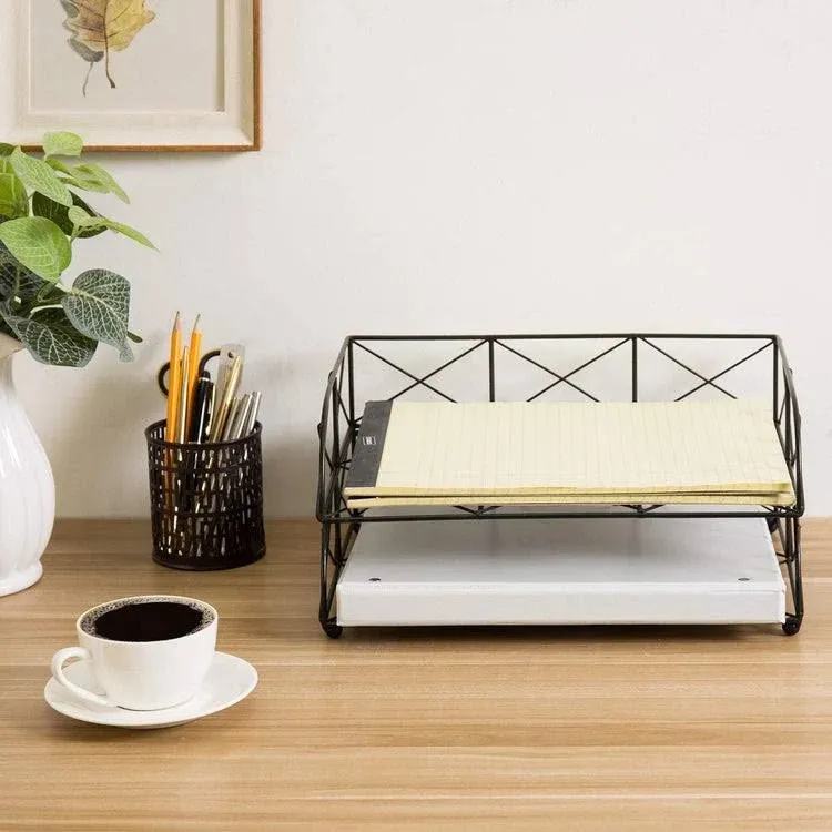 MyGift 2-Tier Geometric Design Black Metal Wire Stacked Desktop Letter/Document Tray