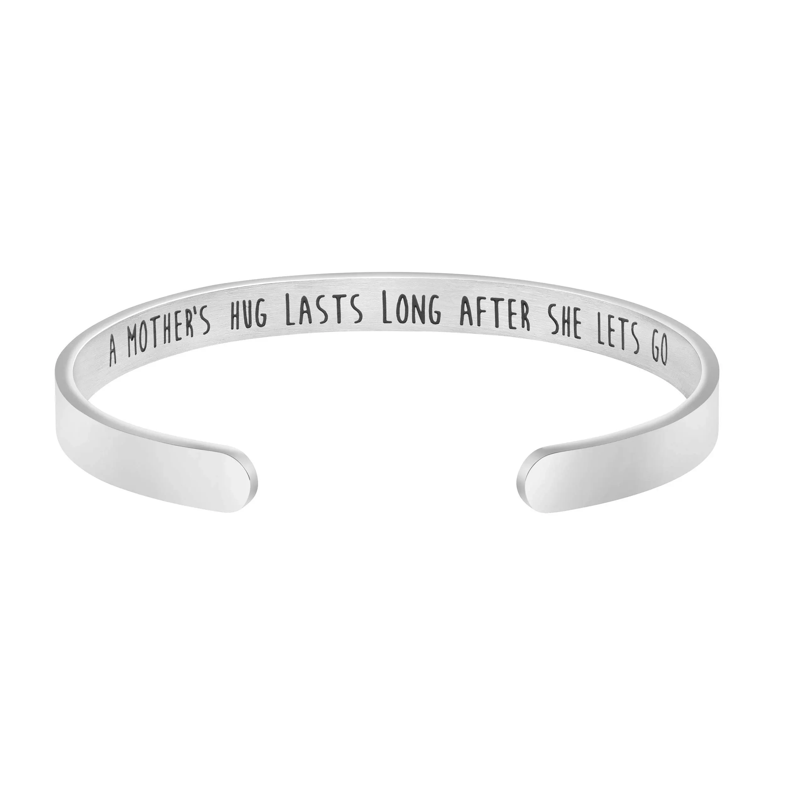 JoycuFF Mom Bracelet Gift for Mothers Day Mantra Cuff Bangle Bracelet (A Mothers Hug Lasts Long After She Lets Go)