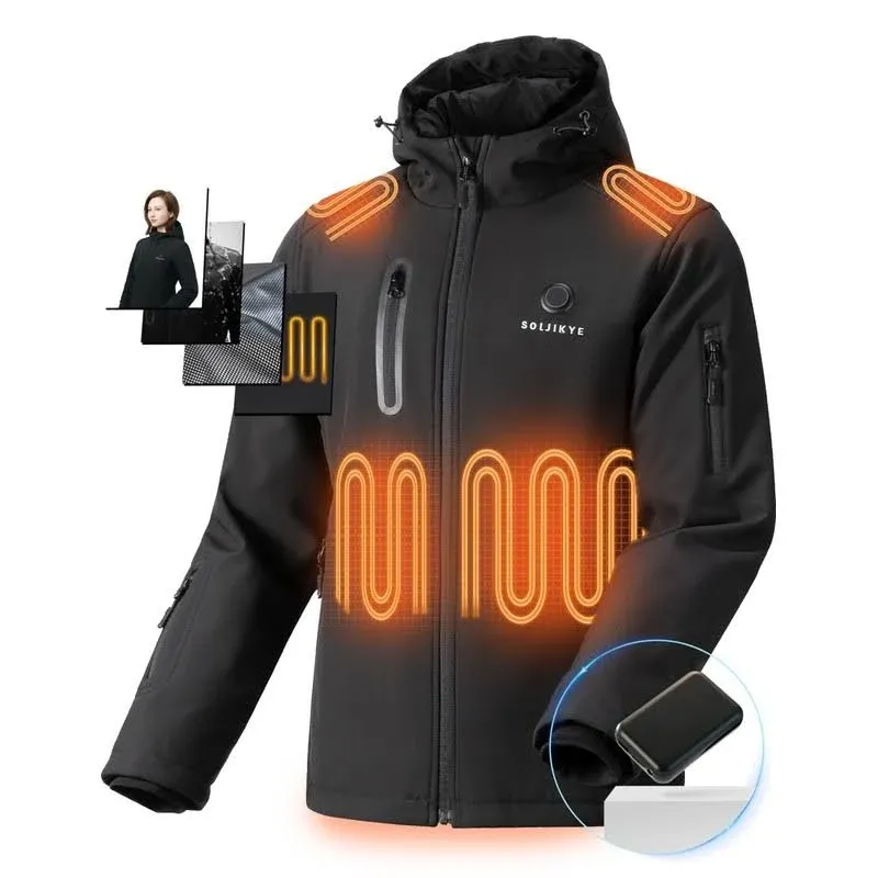 SOLJIKYE Heated Jackets for Women with Battery Pack, Winter Windproof Soft Shell Electric Heated Coat for Women, Black