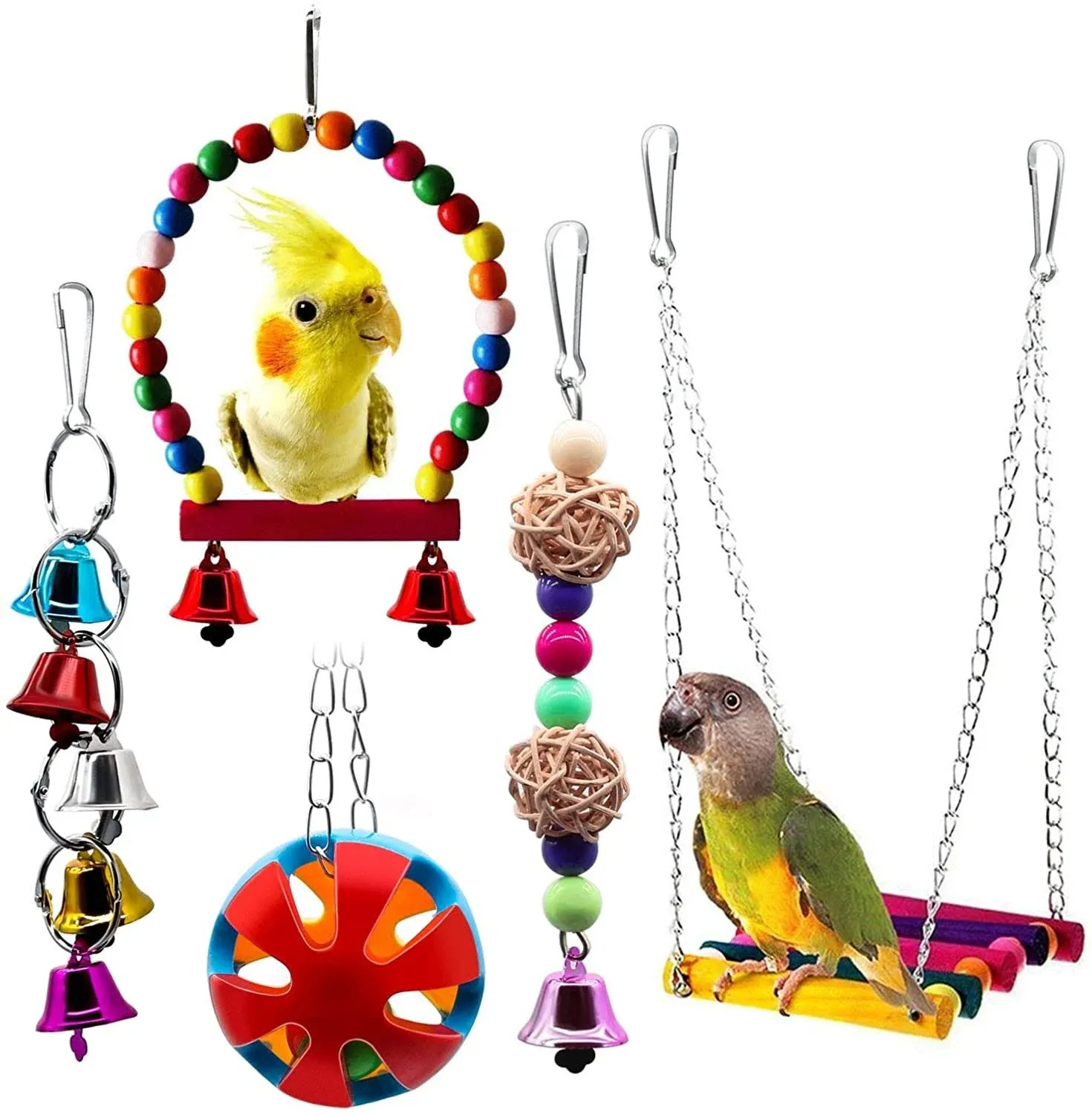 BWOGUE Bird Swing Toys with Bells Pet Parrot Cage Hammock Hanging Toy Perch for Budgie Love Birds Conures Small Parakeet Finches Cockatiels (5 Pack)