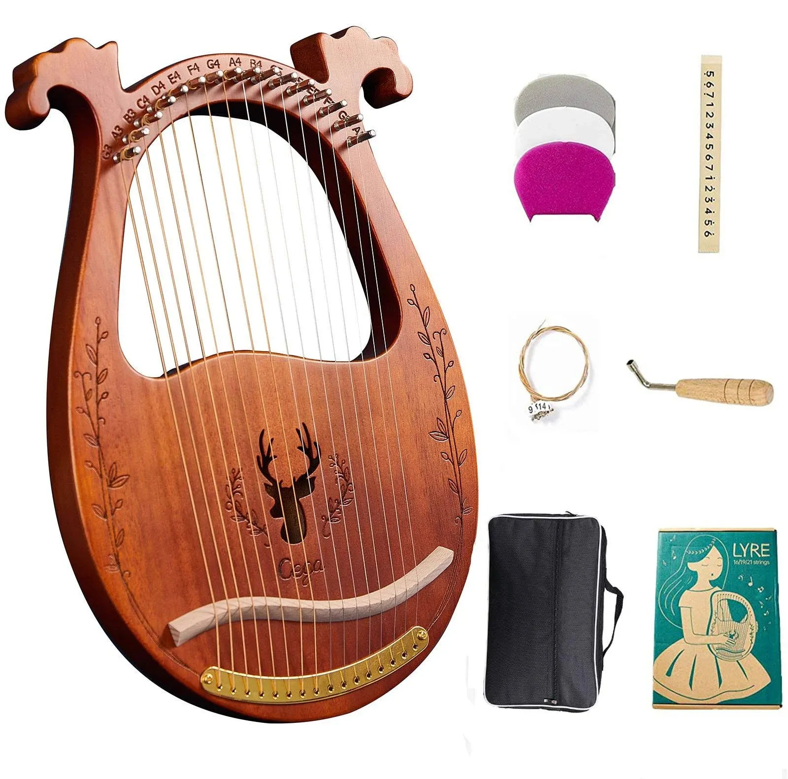 Lyre Harp, 16-String Harp Solid Wood Mahogany Lyre Harp with Tuning Wrench, Pick