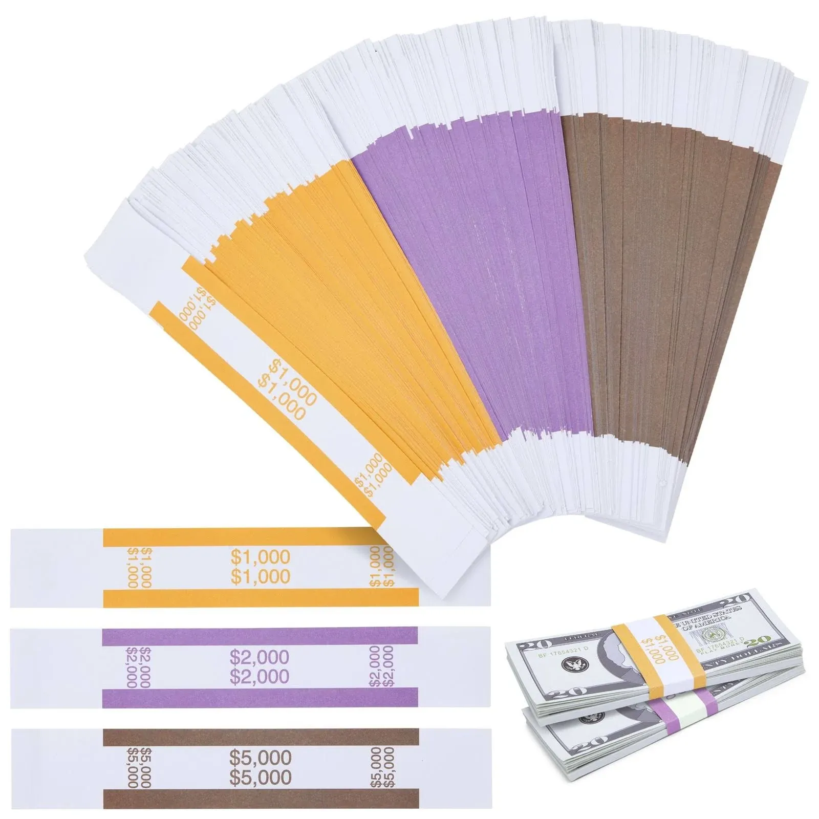 300 Pack Money Bands for Cash, Self-Adhesive Assorted 1000 2000 5000 Currency Straps for Bill Wrappers, Aba Standard Colors, Brown