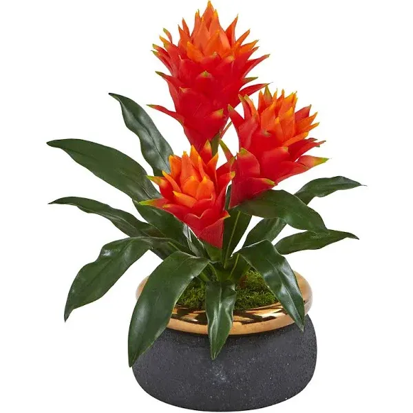 Nearly Natural 14in. Triple Bromeliad Artificial Plant in Stoneware Planter - Orange