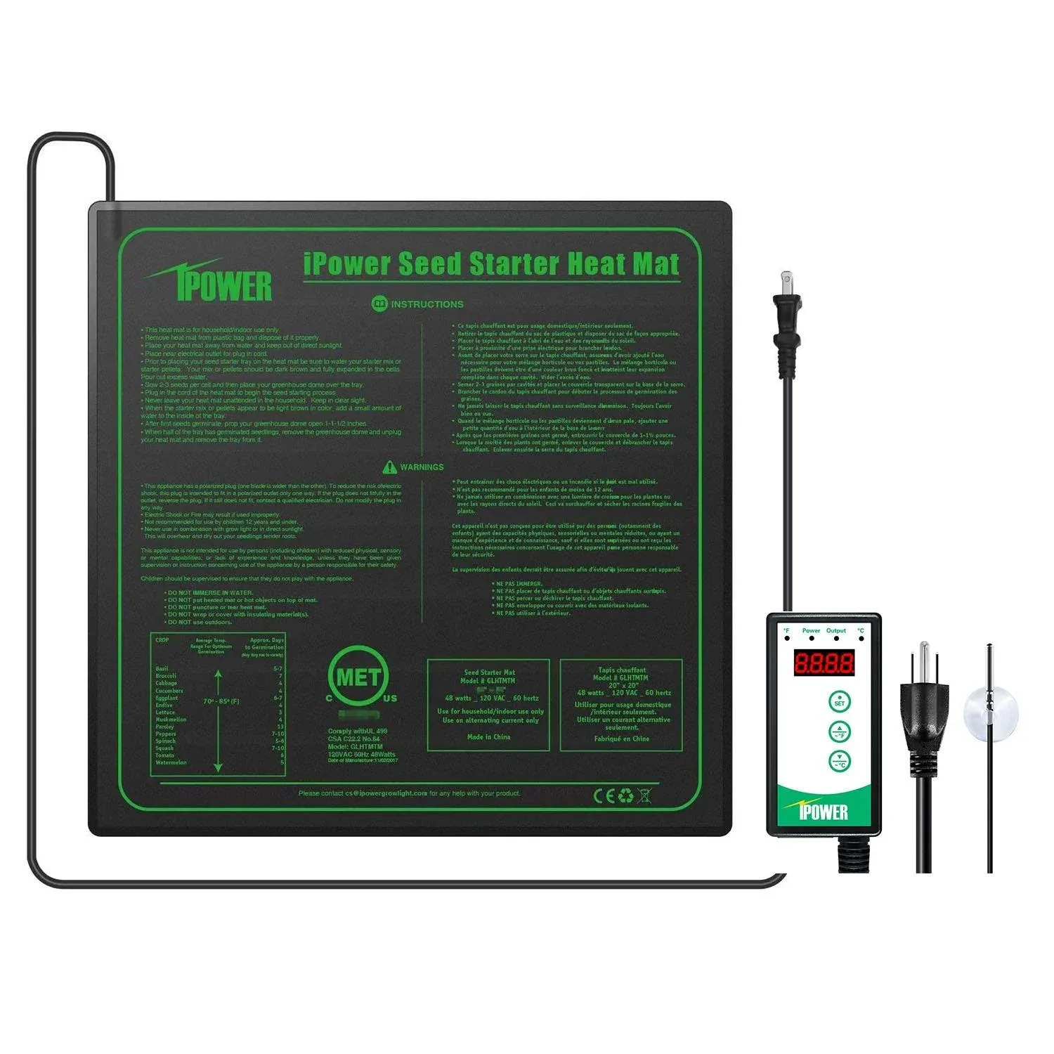 iPower 40-108 Degrees Fahrenheit Digital Heat Mat Thermostat Controller and 20 x 20 Seeding Warm Hydroponic Pad, Plant Starting Kit Combo