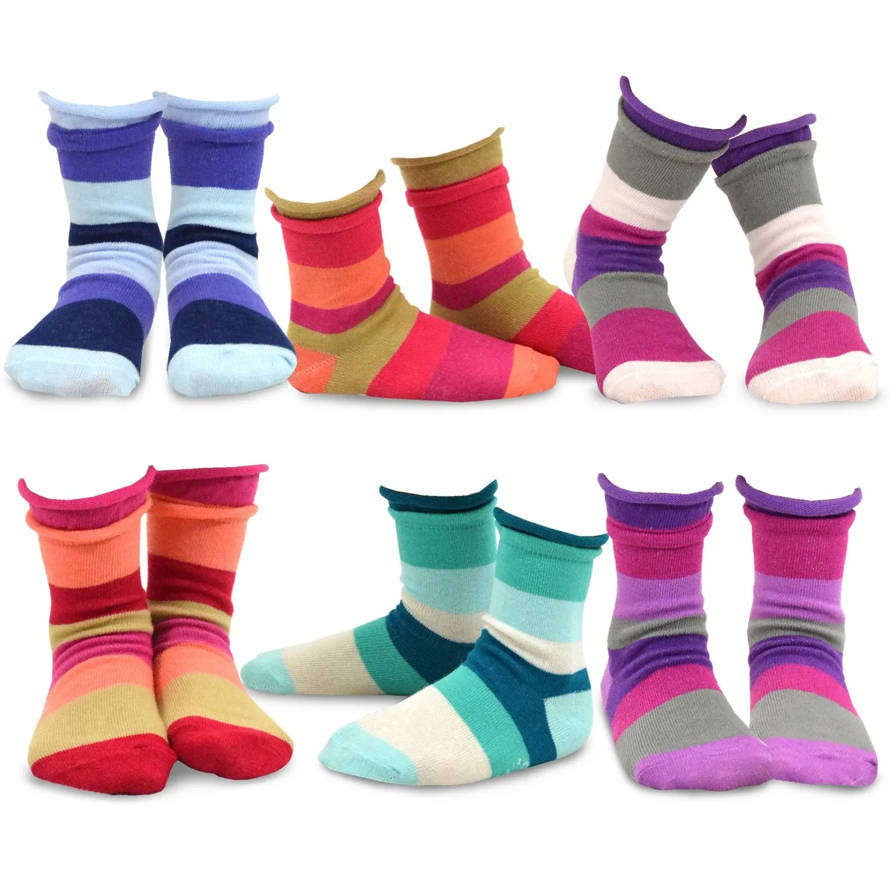 Teehee Kids Girls Cotton Crew Basic Roll Top Socks 6 Pair Pack (Indian Stripe)