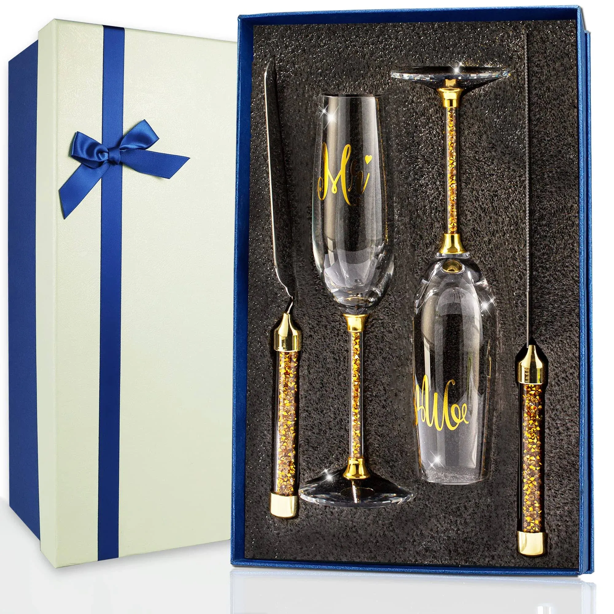 BEKESIN Gold Wedding Cake Knife and Server Set, Crystal Champagne Flutes Glasses ...