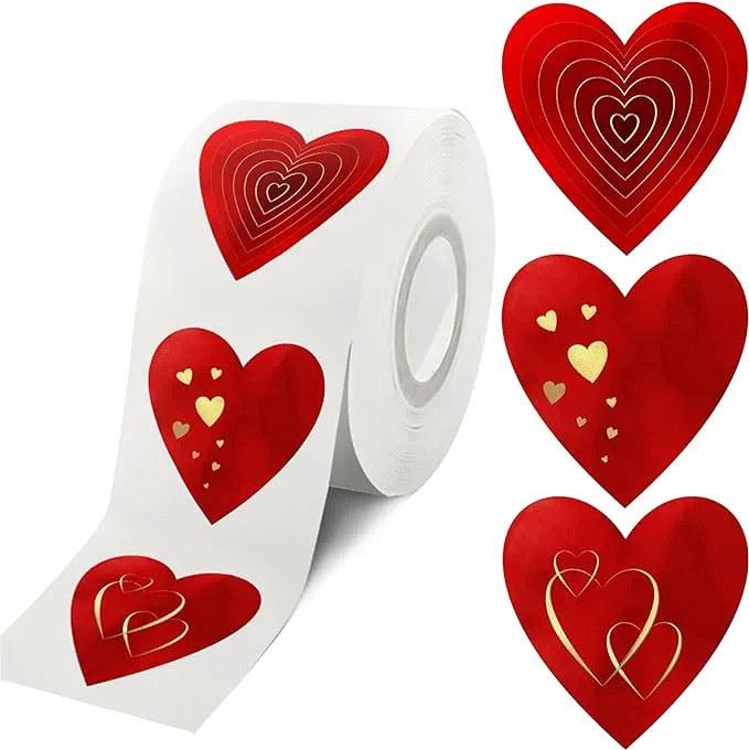 easykart Labels 500 Valentine Red Heart Shape 1.5" with Special Gold Foil Stickers | 3 Different Designs in One Roll | Suitable for Valentines D