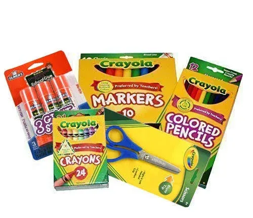 Basic Crayola Back to School Bundle - 5 Items - Crayola Crayons, Crayola Markers, Crayola Colored Pencils, Elmer's Glue Sticks and Child Scissors