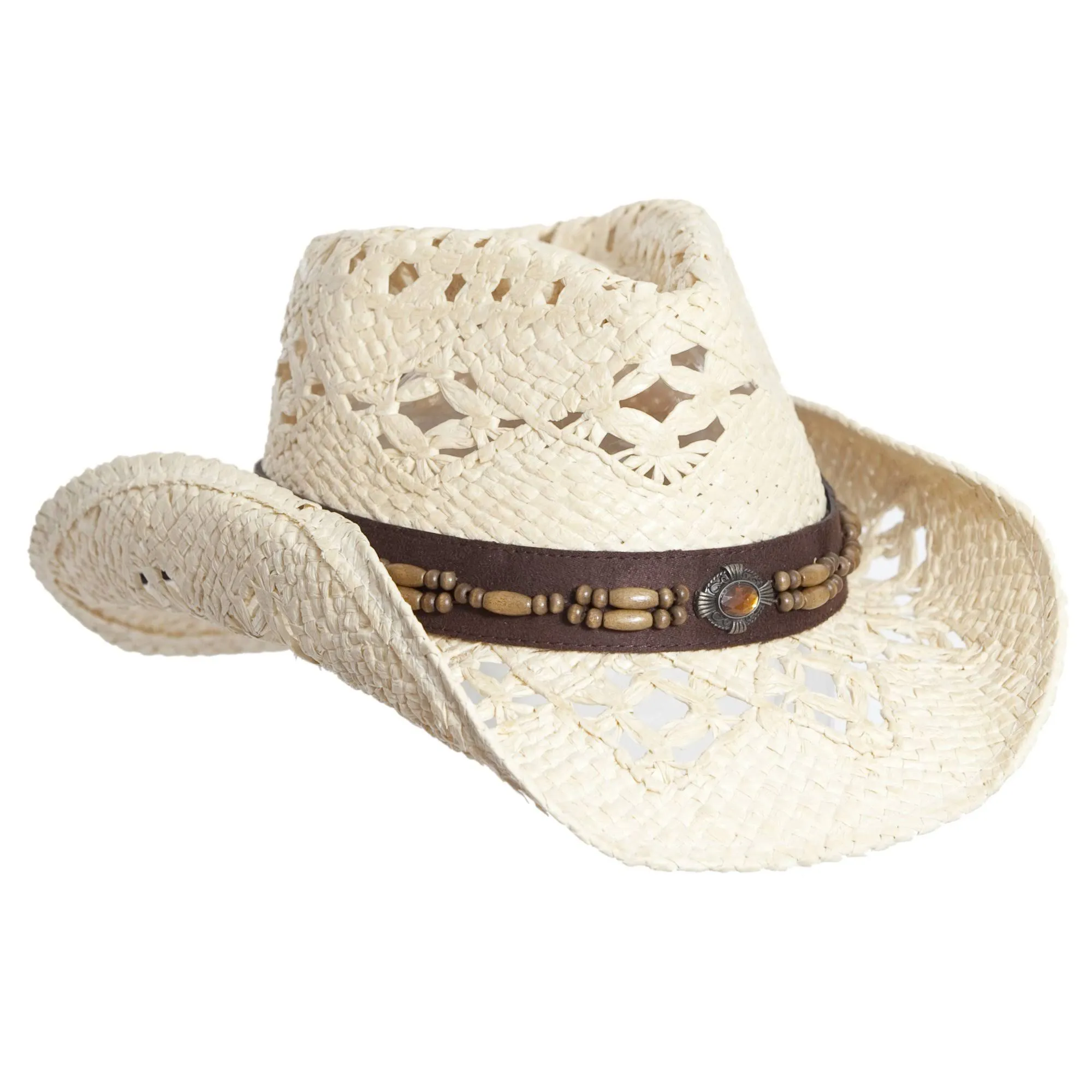 Natural Straw Cowboy Hat for Women, Faux Leather Trim, Shapeable Brim