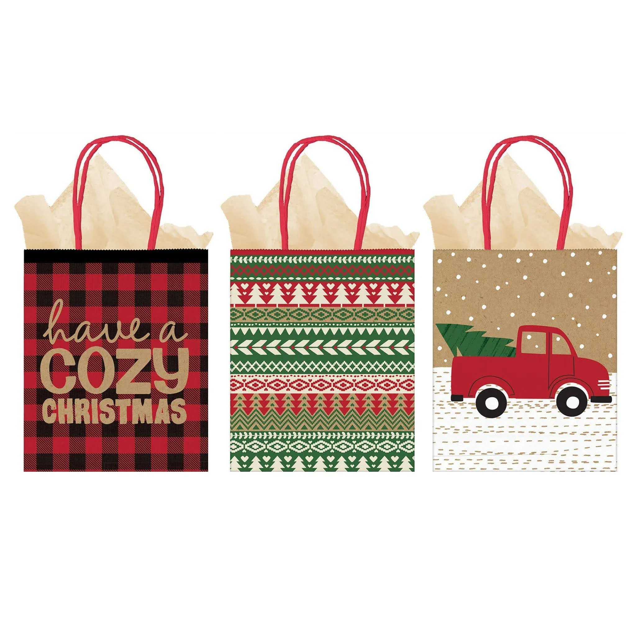 Cozy Christmas Large Vertical Bags 3 Ct Truck Plaid Kraft