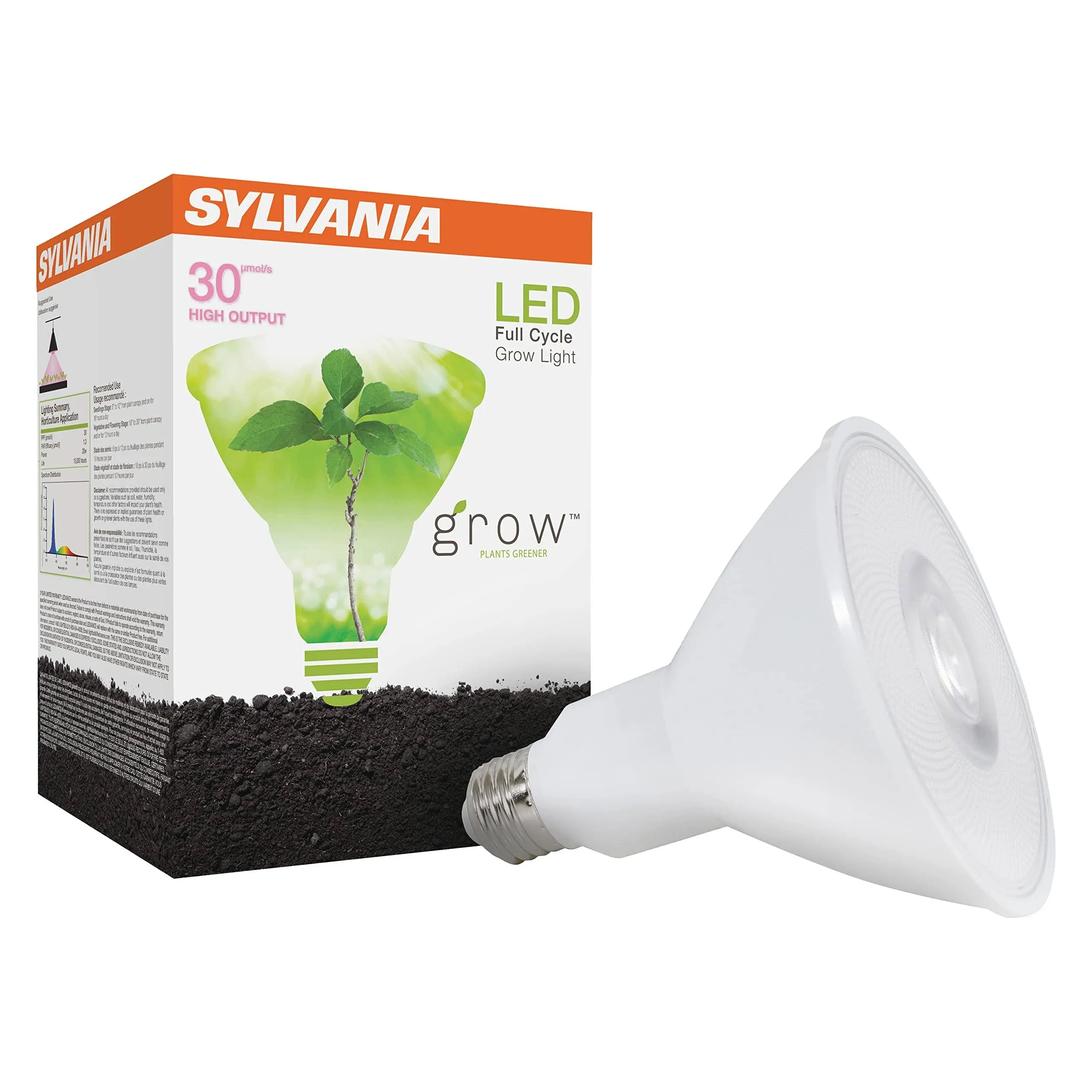 Sylvania Full Cycle 20W LED Grow Light Bulb, PAR38, 30 Micromoles/s, 80 CRI, Non-Dimmable, Frosted - 1 Pack (41268)