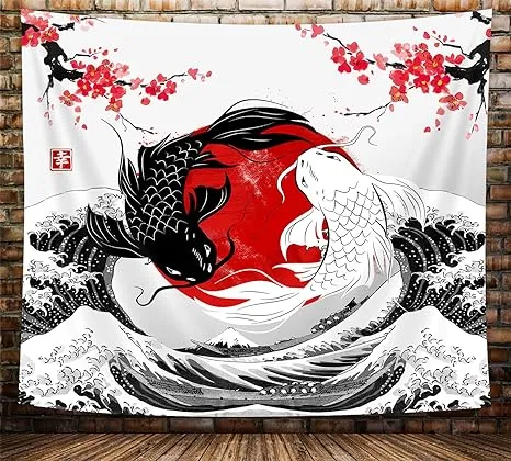 Japanese Anime Tapestry, Black and White Yin Yang Koi Fish Tapestry for Bedroom Aesthetic, Asian Wave Cherry Blossom Tapestries Poster Beach Blanket College Dorm Home Decor, 60X40in