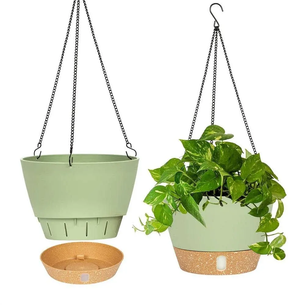 QCQHDU 10 inch Hanging Planters, 2 Pack Self Watering Pots for Indoor Plants Flowers Outdoor Hanging Basket with Reservoir Tray & 3-Hooks Hanger