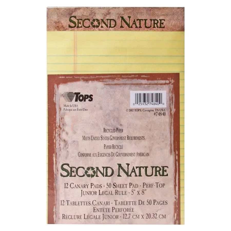 TOPS™ Second Nature Recycled Ruled Pads, Narrow Rule, 50 Canary-Yellow 5 x 8 Sheets, Dozen (TOP74840) Pack of 12