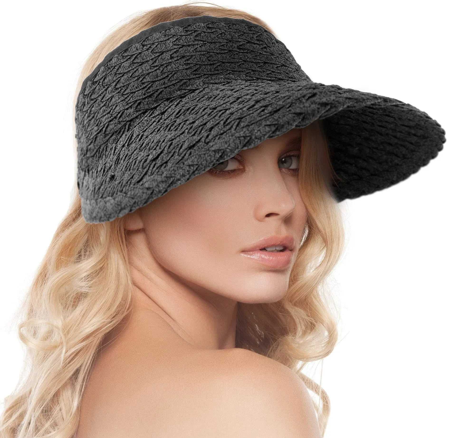 Wide Brim Sun Hats Roll-up Foldable Straw Golf Visor Hat