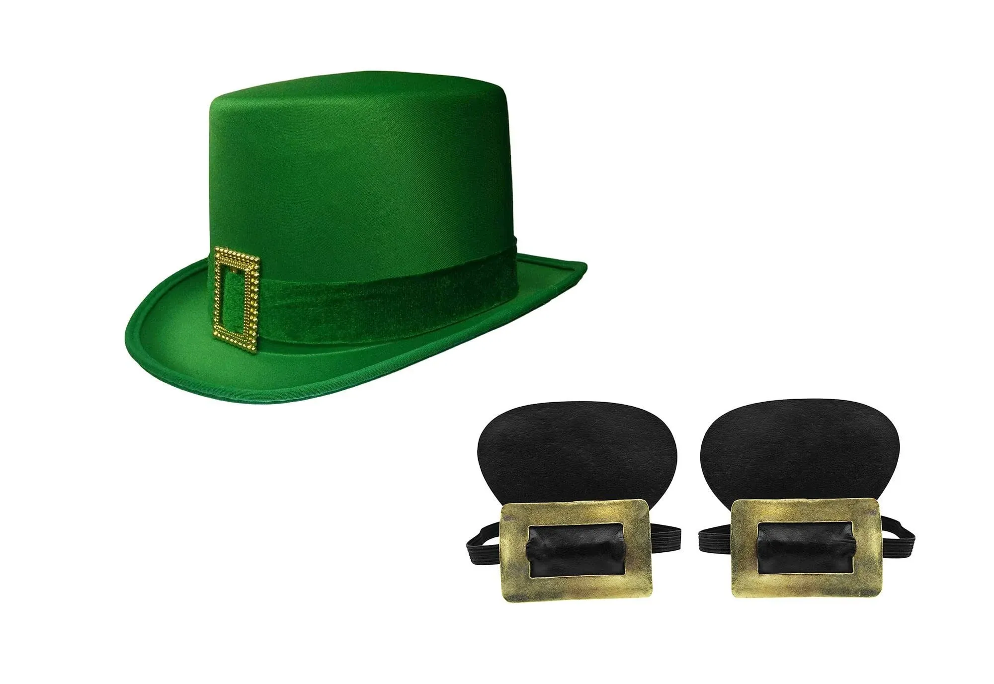 St. Patricks Day Green Top Hat Gold Buckles Shoe Covers Leprechaun Accessory Set