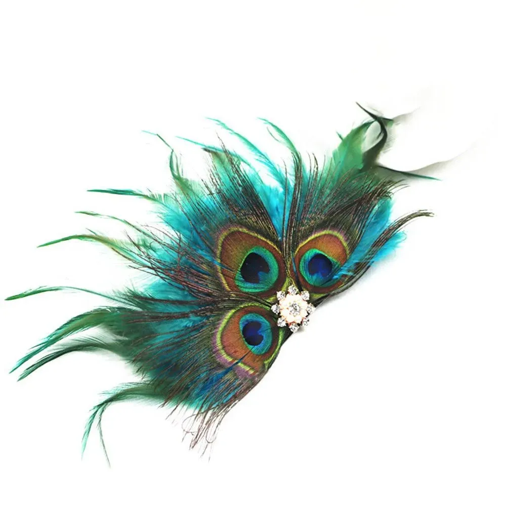 Vpang Elegant Peacock Feather Hair Clip Rhinestone Natural Feather Fascinator ...