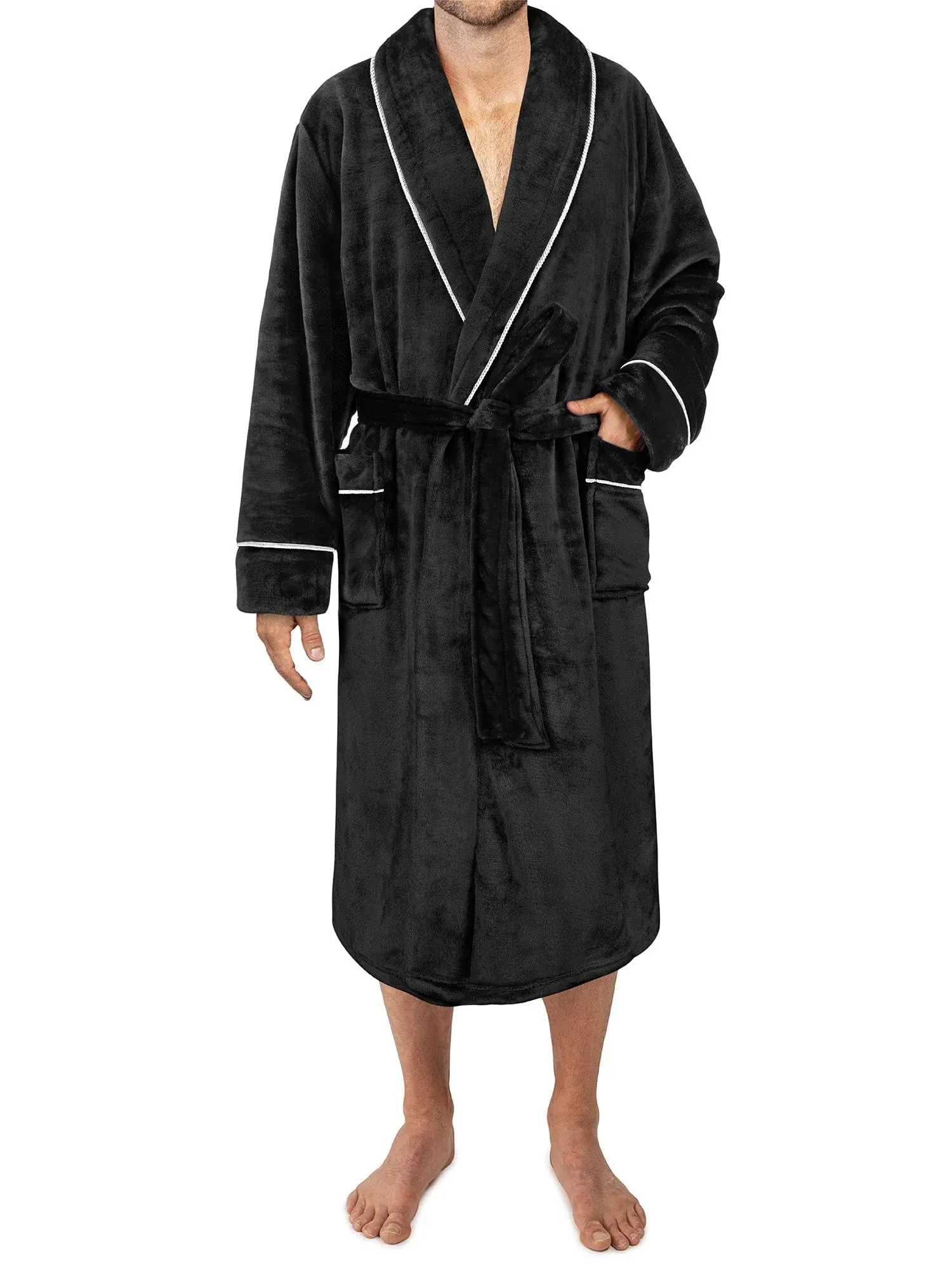 Men Warm Fleece Robe Microfiber Bathrobe Shawl Collar Long Spa Robe Sleepwear