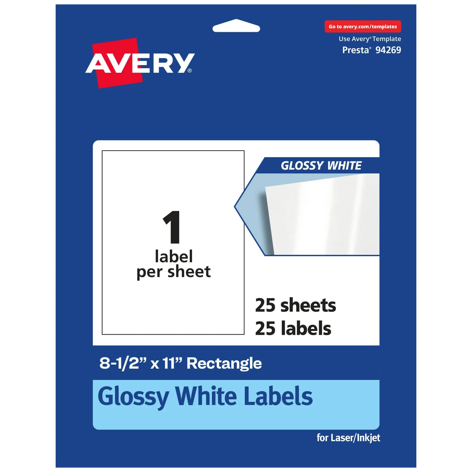 Avery Glossy White Rectangle Labels, 8.5 inch x 11 inch, 25 Glossy White Labels ...